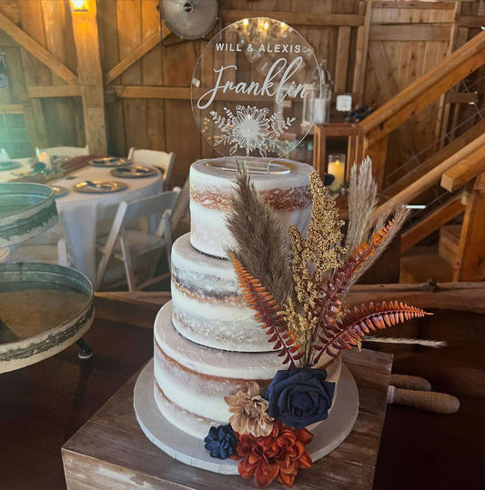 Custom Wedding Cake Topper - Personalized Topper For Wedding - Acrylic Engraved - Floral Designs - Rustic Design - Sunflower Cake Topper