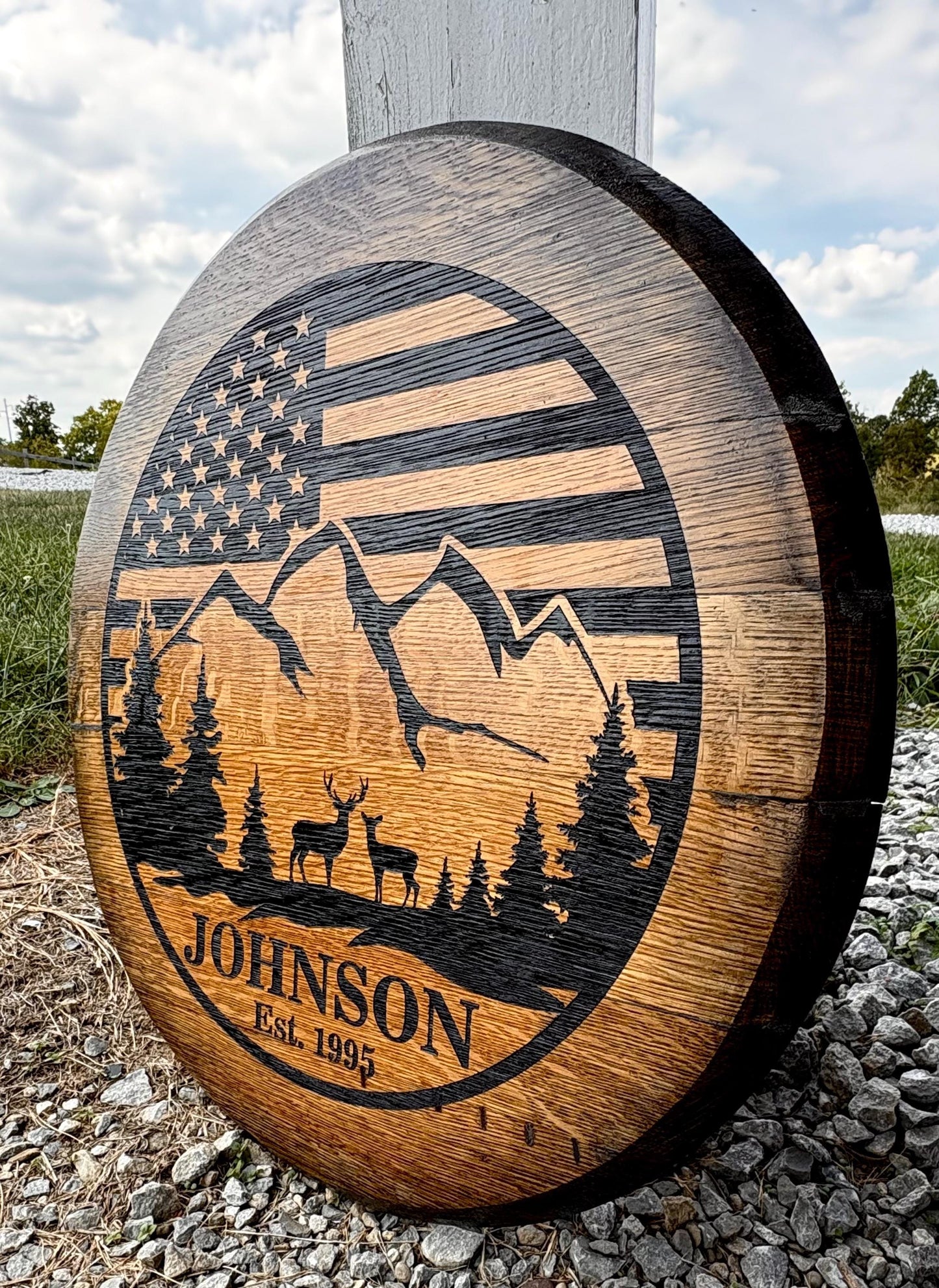 CUSTOM Bourbon Barrel Head - Monogram - Laser Engraved - 100% American Made - Last Name Gift - Wedding Guest Book Alternative - Rustic