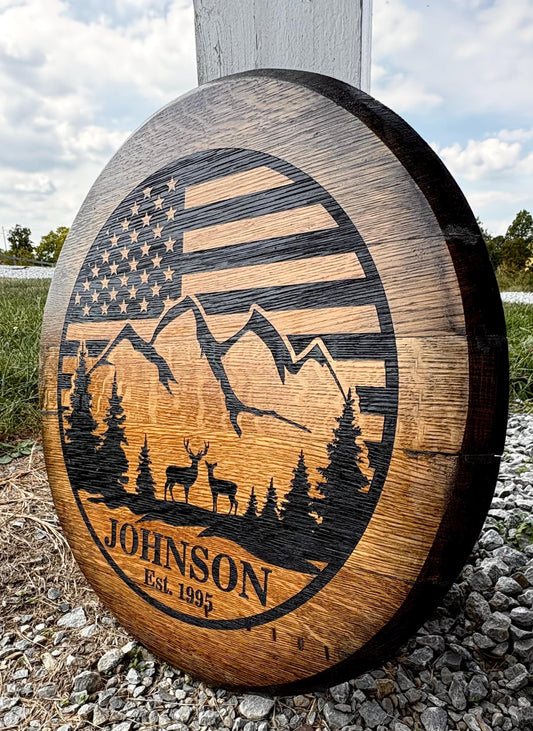 CUSTOM Bourbon Barrel Head - Monogram - Laser Engraved - 100% American Made - Last Name Gift - Wedding Guest Book Alternative - Rustic