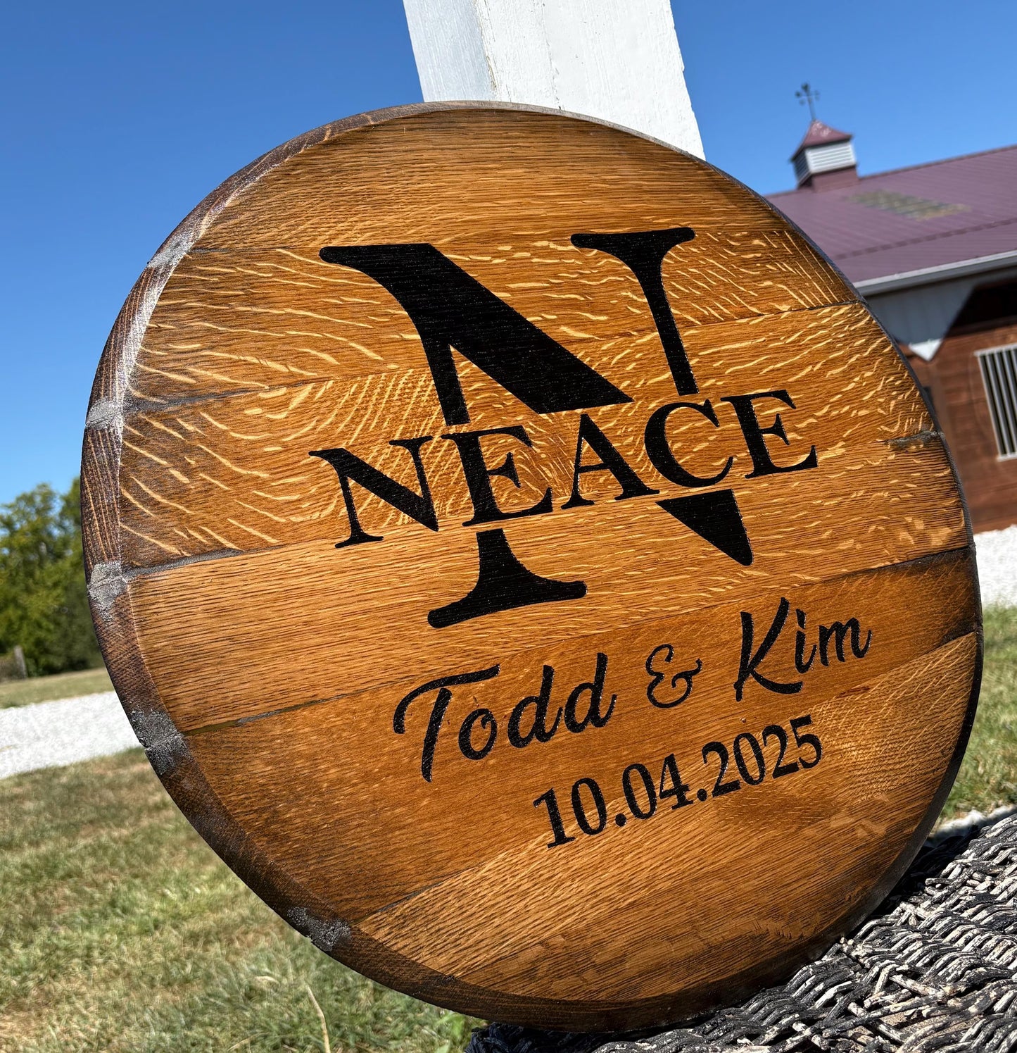 CUSTOM Bourbon Barrel Head - Monogram - Laser Engraved - 100% American Made - Last Name Gift - Wedding Guest Book Alternative - Rustic