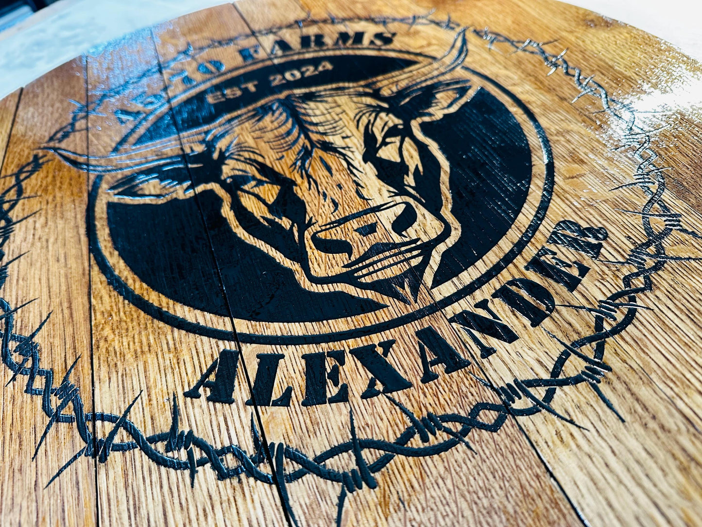 CUSTOM Bourbon Barrel Head - Monogram - Laser Engraved - 100% American Made - Last Name Gift - Wedding Guest Book Alternative - Rustic