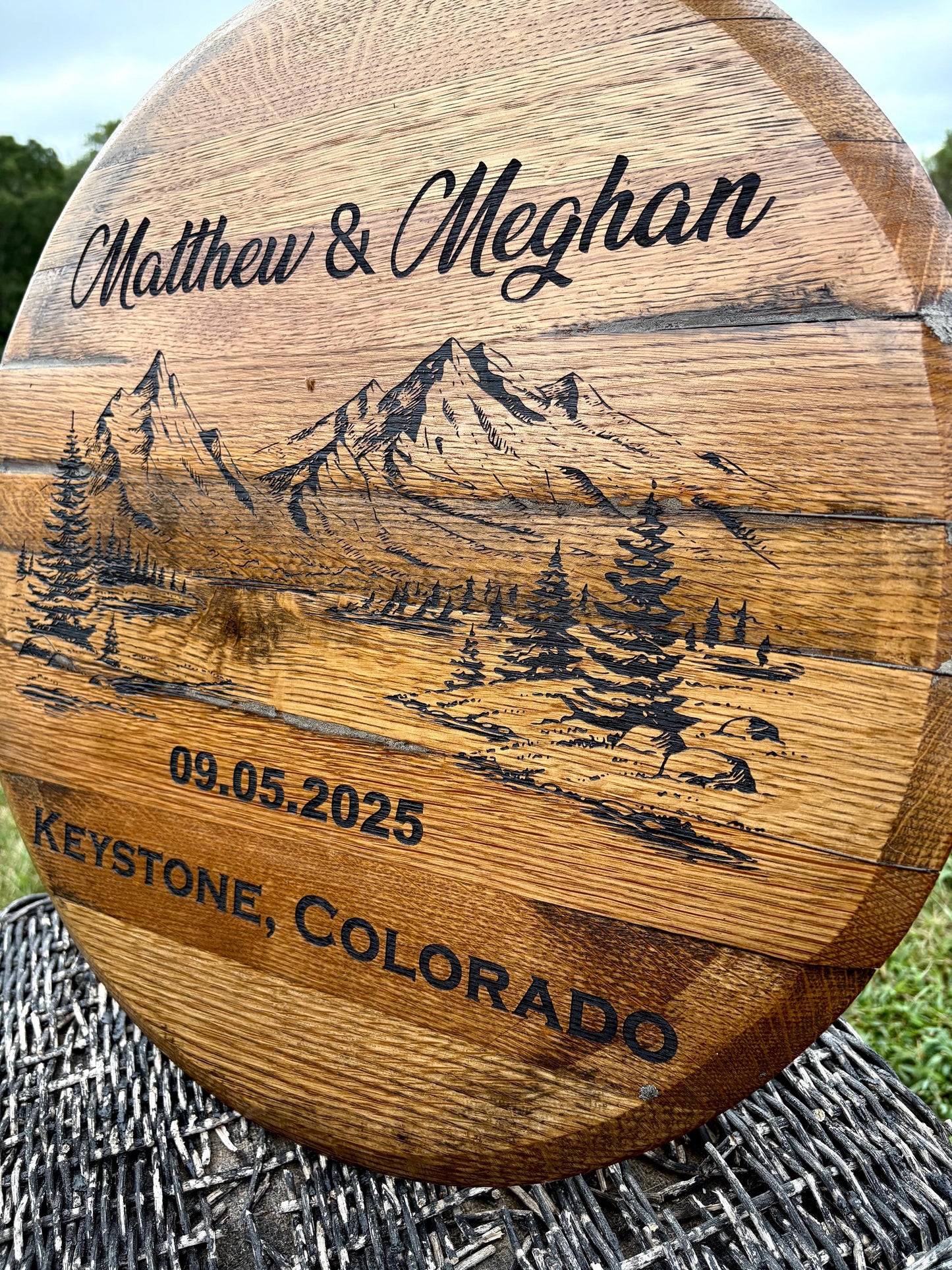 CUSTOM Bourbon Barrel Head - Monogram - Laser Engraved - 100% American Made - Last Name Gift - Wedding Guest Book Alternative - Rustic